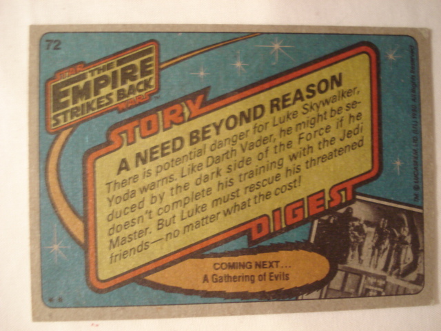 1980 Star Wars Empire Strikes Back Trading Card # 72 A Need Beyond Reason